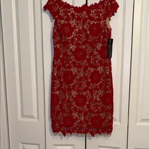 Betsy & Adam Red Floral Lace Mini Dress
